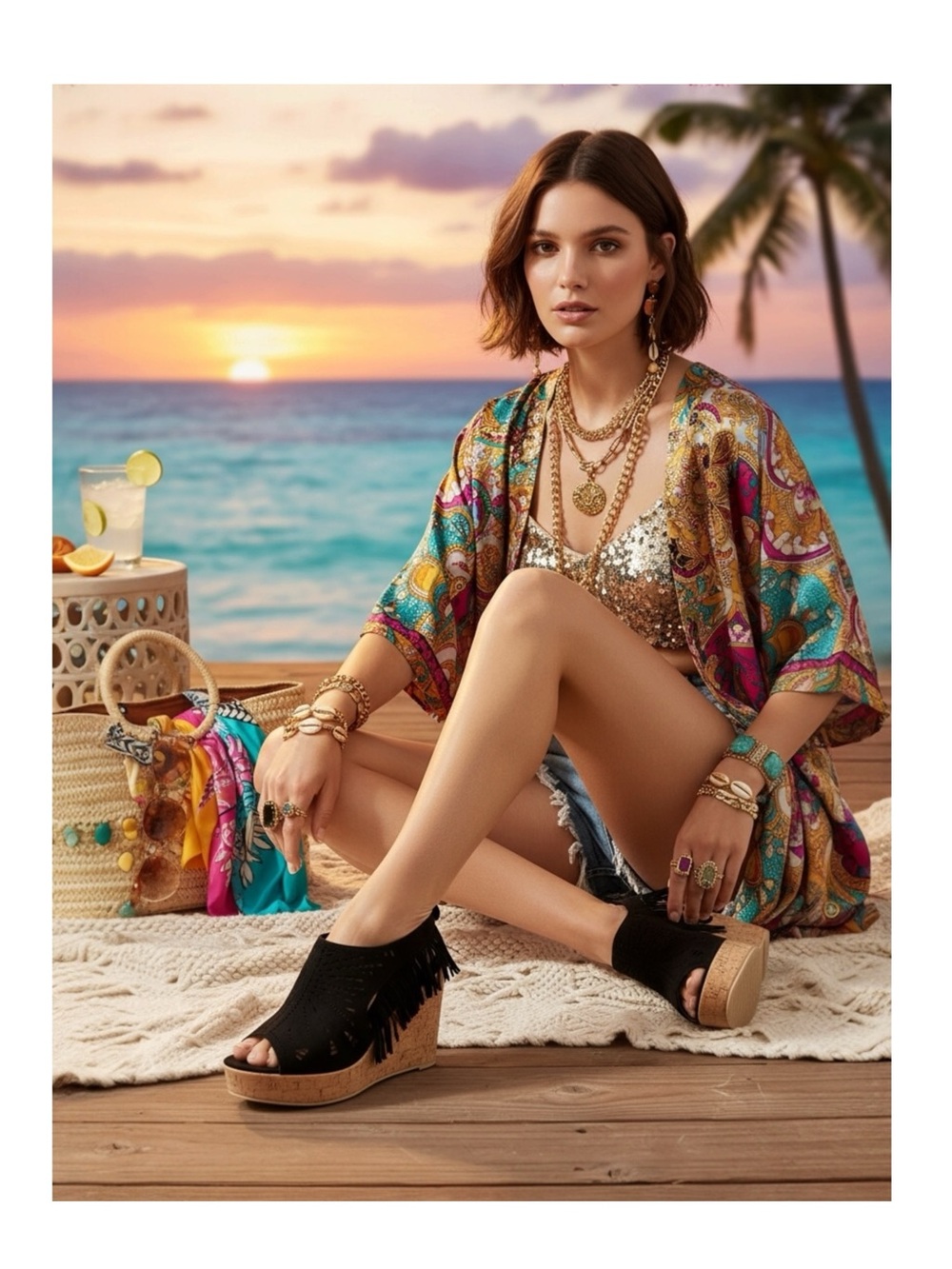 Olivia Miller 𒀭 Fringe Peep Toe Cutout Cork Wedge Sandals 𒀭 Black Microsuede 𒀭